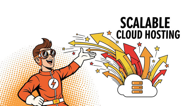 Superhero offers scalable cloud hosting with data growth arrows and stars