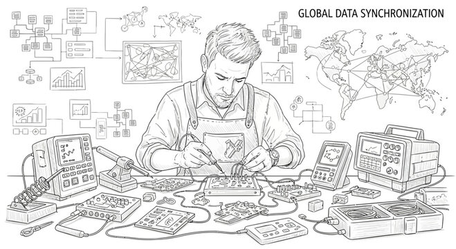 Technician working on electronics with global data synchronization diagrams