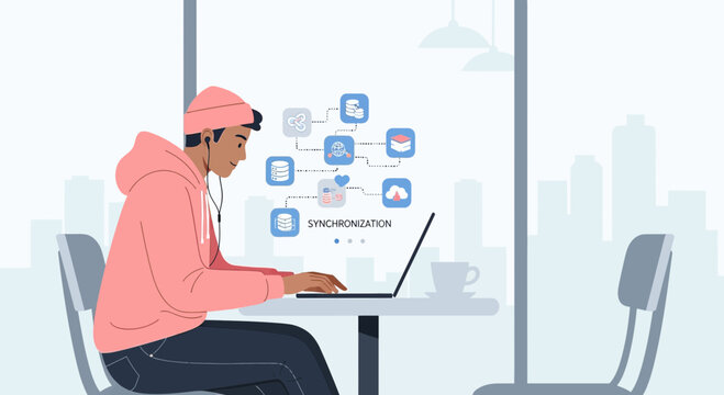 Young man working on laptop, data synchronization concept