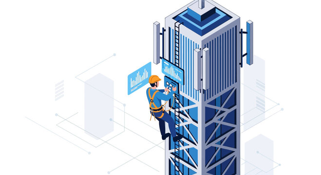 Telecom tower technician climbing, checking data displays, technology concept