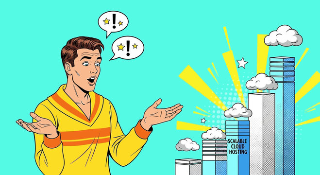 Surprised Man Gazing at Cloud Computing Skyscrapers | Pop Art