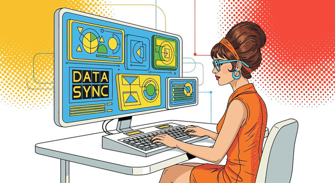 Woman working on computer with data sync screen, retro style illustration.