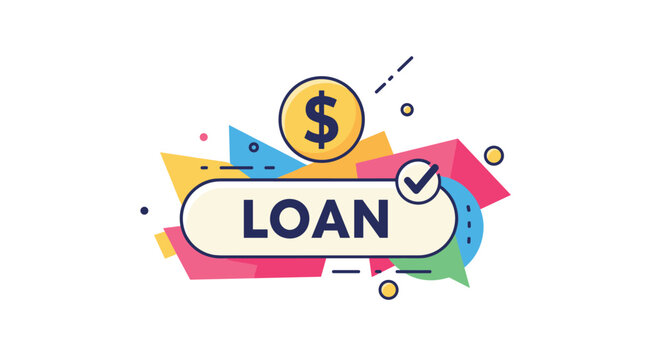 Financial loan approval concept is depicted with a prominent button, a dollar coin, and a blue checkmark on a vibrant abstract background.