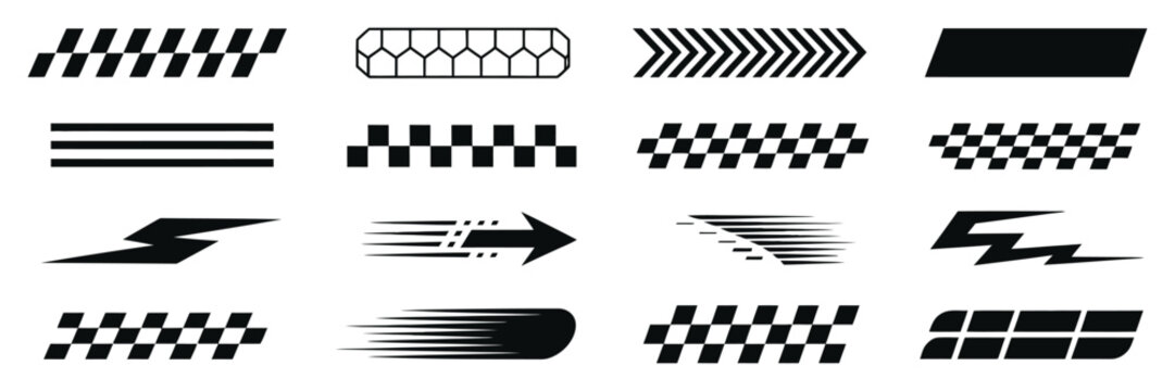 Race Car and Racing Stripe vector collection featuring Checkered Flags, Finish line, Motocross Labels, Tuning Stickers and Speed Motion Dynamic lines illustration set.