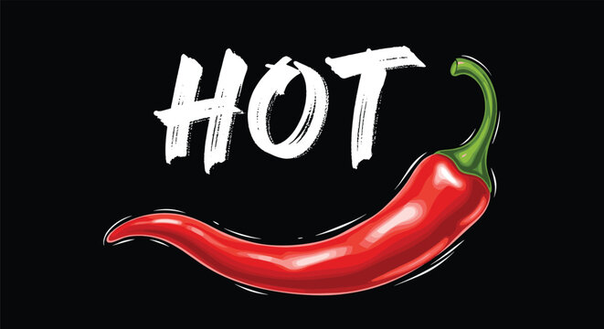 Spicy red chili pepper is presented on a black background with the word hot written in a bold white brushstroke font for emphasis.