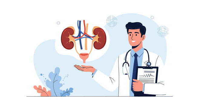 Professional male doctor explains human urinary system anatomy using a diagram showing the kidneys, bladder, and connecting tubes.
