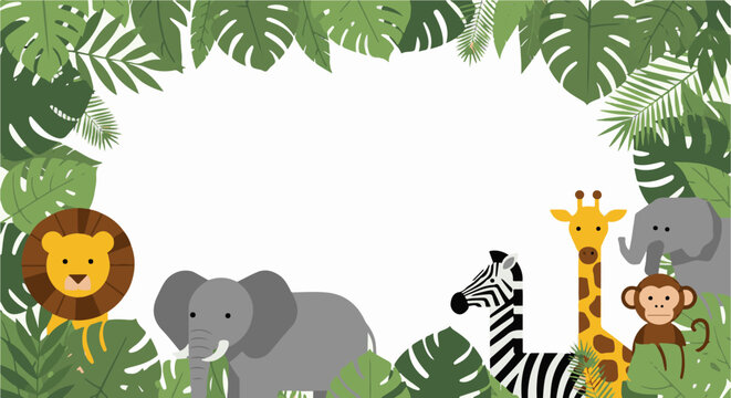 A jungle scene frame with cartoon animals like lions, elephants, giraffes, zebras, monkeys