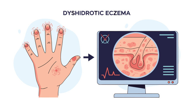 Medical illustration showing a hand with dyshidrotic eczema and a zoomed-in microscopic view of the skin condition on a monitor.