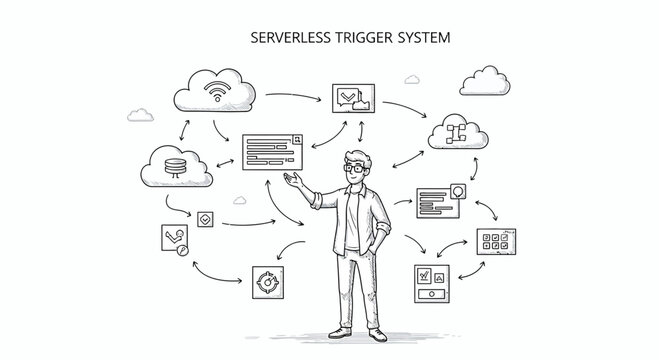 Serverless Cloud Technology Diagram: Man Interacts with System