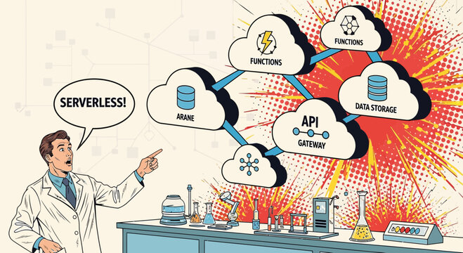 Serverless computing concept illustration with scientist and cloud diagrams