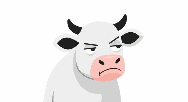 A grumpy cartoon cow with black horns, wide pink nose, and white body