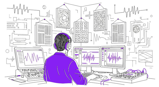 Sound Engineer Working at Desk with Audio Equipment and Waveforms