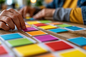 Fototapeta premium Hands sorting colorful cards and blank sheets during educational research activity