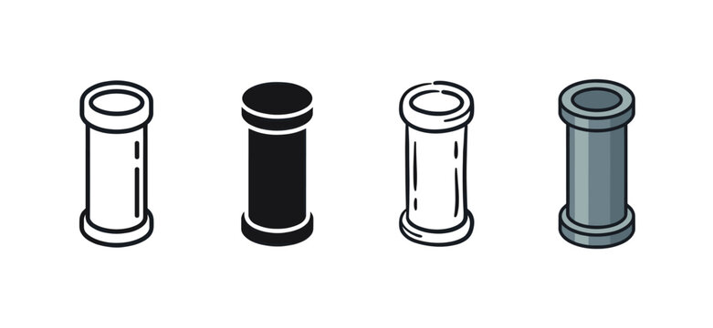 Four distinct vertical pipe icons, showcasing outline, solid, hand-drawn, and isometric styles on a clean white background