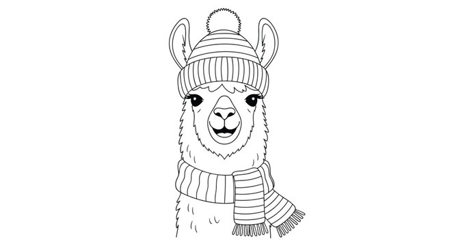 Black and white line art illustration of a cute llama wearing a winter knit hat and striped scarf for coloring book activity or hobby.