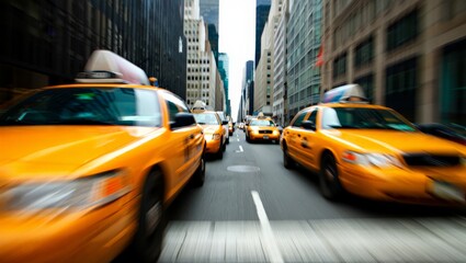 Fototapeta premium Dynamic low-angle wide-angle shot of a fleet of yellow taxis speeding through a dense city skyscraper canyon with heavy motion blur conveying speed and urban rush-hour intensity.