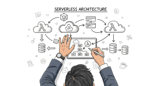 Serverless Architecture Drawing: Businessman Creates Cloud Computing Diagram