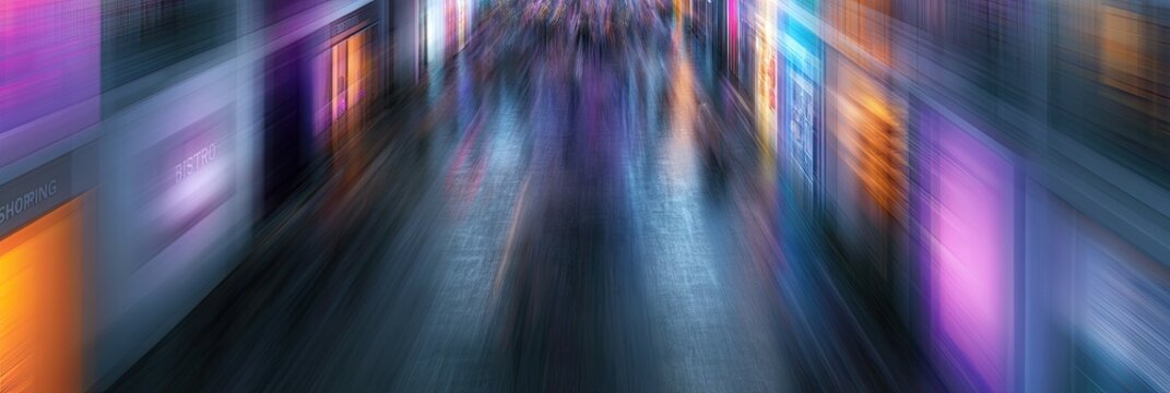 Blurred street scene at night with vibrant, abstract colorful lights