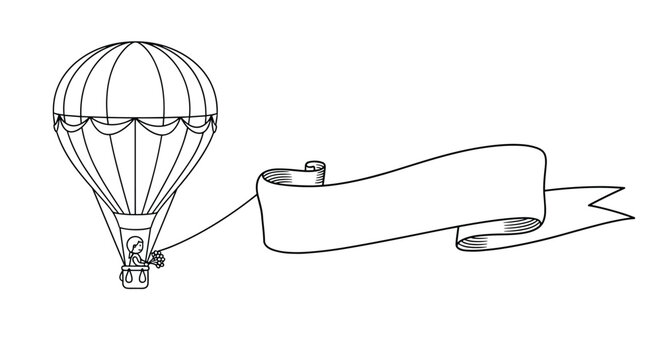 Coloring book style illustration of a person in a hot air balloon basket pulling a long empty banner across the sky for a custom message.