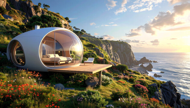 Modern pod house cliffside view