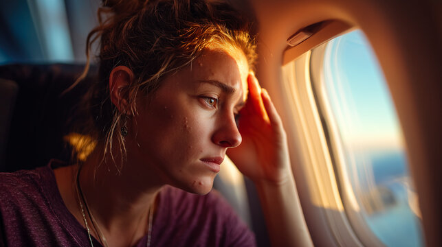 Tired young woman suffering from headache during airplane flight near window seat