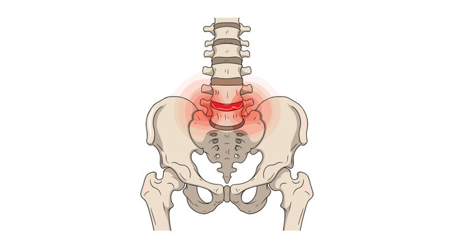Human spine and pelvis anatomical diagram with a glowing red highlight on the lower lumbar discs indicating back pain or injury.