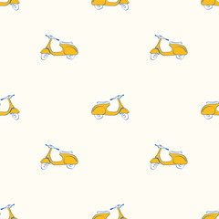 Fototapeta premium Seamless scooter pattern with yellow retro motorbikes. Minimal repeating background with hand drawn transport elements. Vector design for fabric, textile and wrapping paper.