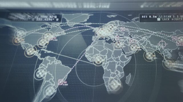 Global map interface featuring a radar sweep detecting security threats