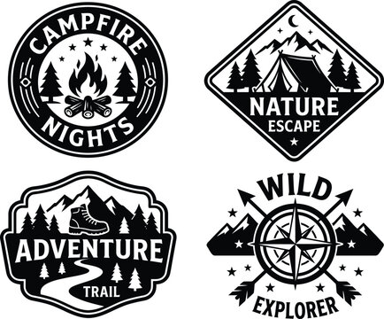 A array of four high resolution monochrome adventure and camping emblems with comprehensive vector textures.