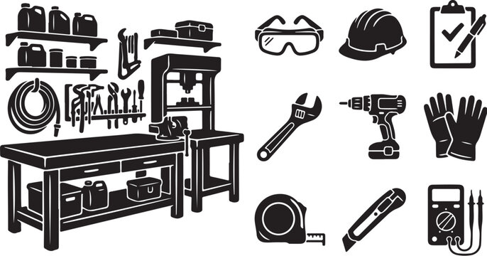 Black and white illustration of workbench tools