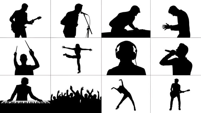 Music silhouettes collection musicians and dancers in various poses on white background