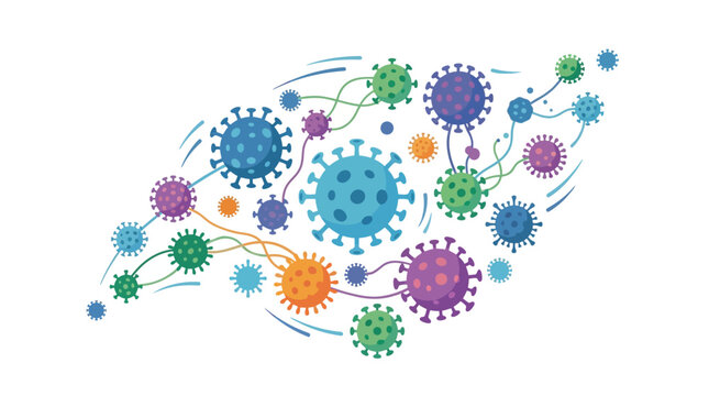 Dynamic illustration of diverse microscopic entities with intricate surfaces, forming an interconnected network symbolizing pathogen spread, infection, and biological research
