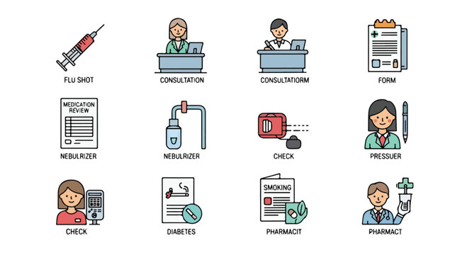 Medical and pharmacy icon set, healthcare consultation and medication review vector elements, flu shot and diabetes check symbols