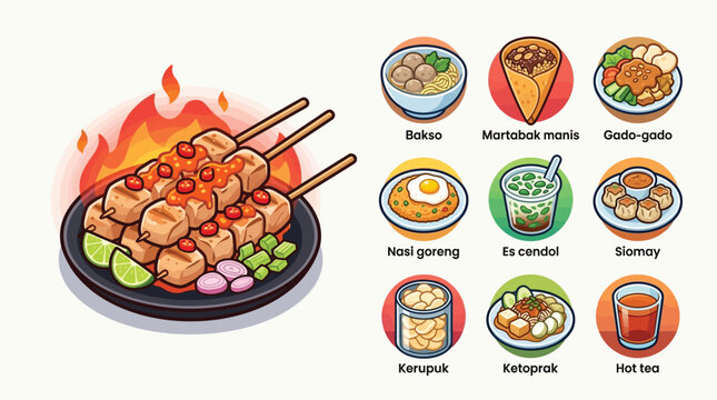 Indonesian street food vector collection featuring grilled sate with chili sauce, bakso soup, nasi goreng fried rice, es cendol, and martabak in a cute flat chibi cartoon style.