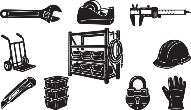 Construction tools and equipment in black and white