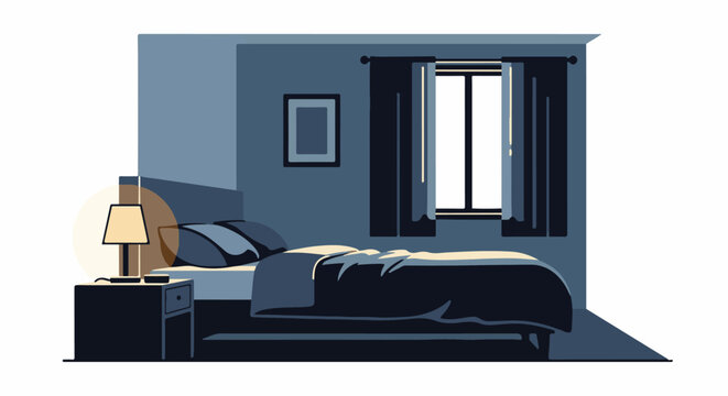 A dimly lit bedroom scene with a neatly made bed and a bedside lamp casting a warm glow