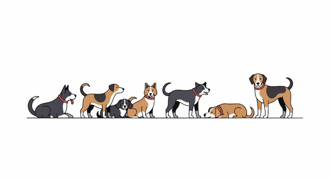 A diverse group of cartoon dogs of various breeds and colors stand and lie on a white background