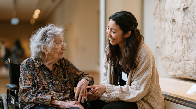 Museum volunteer docent kneeling beside wheelchair-using elderly visitor in gallery hall, pointing at ancient artifact display case, warm institutional lighting, intergenerational connection, access