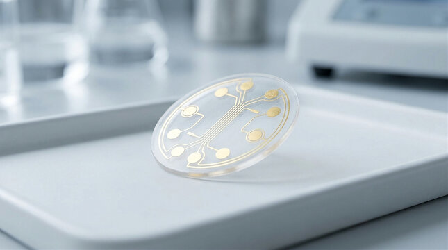 Translucent Wearable Biosensor Patch on Sterile White Medical Tray