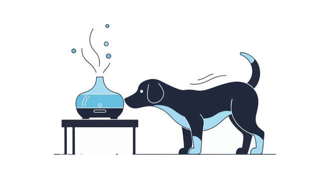 A dog investigates an aromatherapy diffuser emitting a pleasant mist