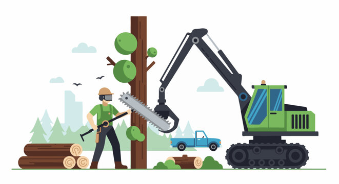 A logger with a chainsaw works near felled logs, a truck, and an excavator