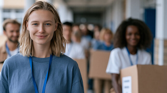 Multicultural corporate volunteer group hauling donated school supply boxes through crowded urban elementary school corridor, employee giving day, community investment, CSR photography, team coordin