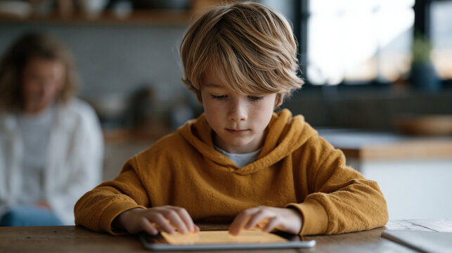 Middle school student with dyslexia using a tablet equipped with learning disability accommodation software, adjusting text spacing and font size at a wooden kitchen table while a patient tutor sits