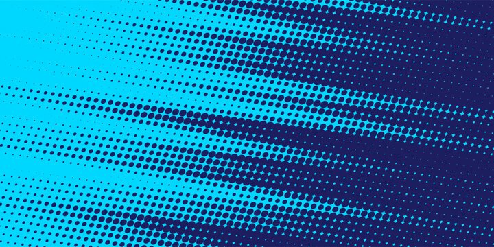 Halftone gradient pattern vertical vector illustration. Blue dotted halftone texture. Pop Art light blue dots halftone, dark blue Background. Background of Art.