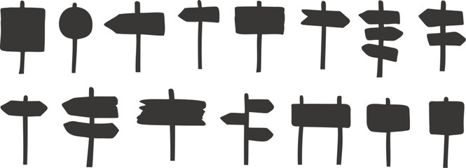 Rustic wooden sign collection featuring black silhouette direction boards in hand drawn styles. Vintage outdoor graphics suit camping branding adventure themes and navigation design projects. Modern  © Parul