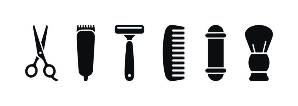 Collection of black barber shop tools icons, including scissors, clipper, razor, comb, and brush, arranged horizontally on a clean white background