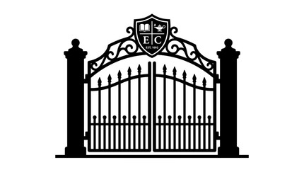 Fototapeta premium Gate structure topped with an educational crest represents the historic entrance to a prestigious academic institution.