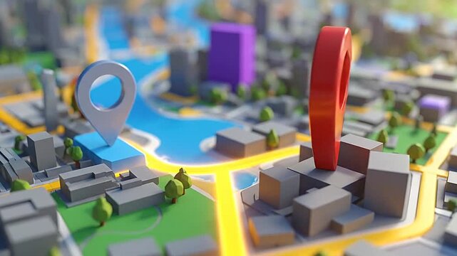 Two location markers placed on a stylized 3D city map model