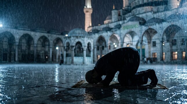 Muslim man prostrating in sujud prayer outside a majestic mosque during heavy rain at night