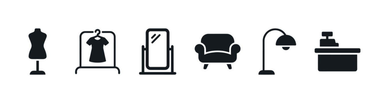 Collection of six distinct black silhouette icons representing various retail and home items on a clean white background